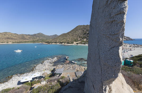 The white rocks frame the turquoise sea and the sandy beach Punta Molentis Villasimius Cagliari Sardinia Italy Europe