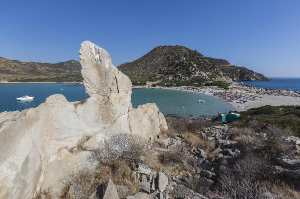 The white rocks frame the turquoise sea and the sandy beach Punta Molentis Villasimius Cagliari Sardinia Italy Europe