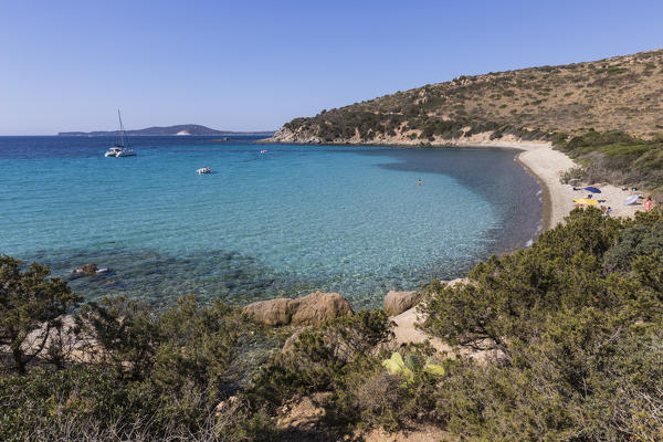 View of the bay and the sandy beach surrounded by turquoise sea Punta Molentis Villasimius Cagliari Sardinia Italy Europe