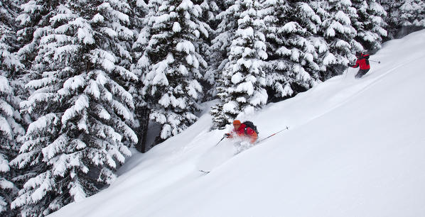 Skiers in the Orobie Alps after a heavy snowfall, Valtellina, Lombardy Italy Europe