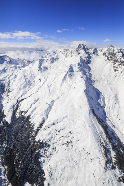 Aerial view of Peak Ferrè and Peaks Piani covered with snow Spluga Valley Chiavenna Valtellina Lombardy Italy Europe