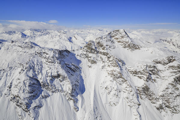 Aerial view of Peak Tambò covered with snow Spluga Valley Chiavenna Valtellina Lombardy Italy Europe
