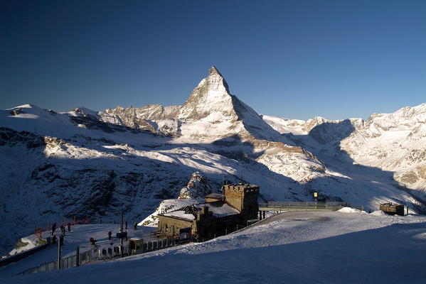 The solitary pyramid of the Matterhorn seen from the Gornergrat station in the canton of Valais in Switzerland Europe