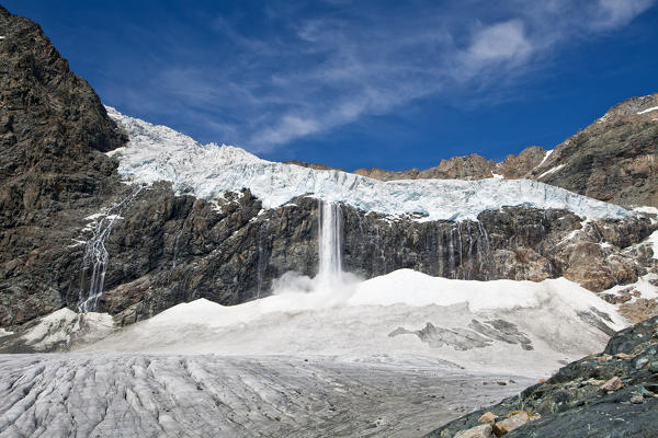 Ice detaching from the glacier of Fellaria Valmalenco, Valtellina, Lombardy Italy Europe