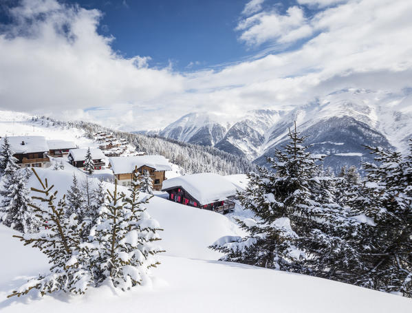 Panorama of the alpine village surrounded by snow and woods Bettmeralp district of Raron canton of ValaisSwitzerland Europe