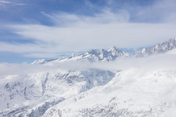 Aletsch Glacier seen from Betterhorn surrounded by snow Bettmeralp district of Raron canton of Valais
Switzerland Europe