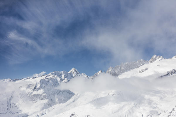Aletsch Glacier seen from Betterhorn surrounded by snow Bettmeralp district of Raron canton of ValaisSwitzerland Europe