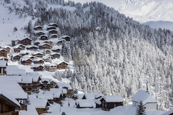 The snowy woods frame the typical mountain huts Bettmeralp district of Raron canton of Valais Switzerland Europe