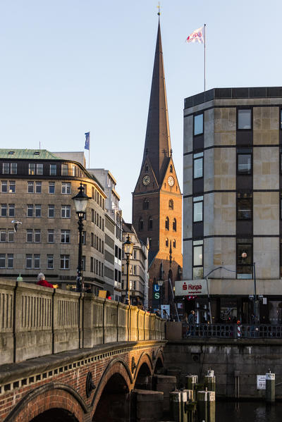View of the Neorenaissance bell tower from a bridge and buildings of the city center Hamburg Germany Europe