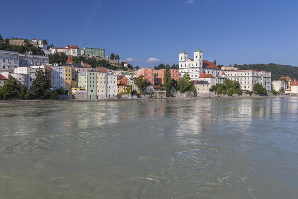 View of the typical buildings and houses framed by river and blue sky Passau Lower Bavaria Germany Europe
