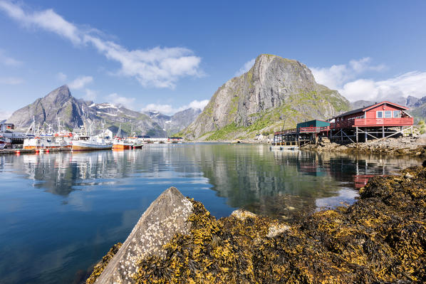 Fishing village and harbour framed by peaks and sea Hamnøy Moskenes Nordland county Lofoten Islands Northern Norway Europe