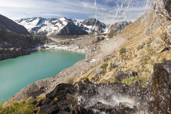 View of Lake Baitone and the high peaks in background Val Malga Adamello Regional Park province of Brescia Lombardy Italy Europe