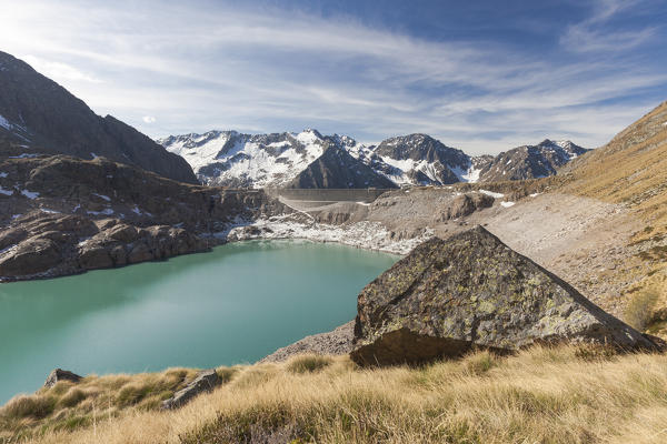 View of Lake Baitone and the high peaks in background Val Malga Adamello Regional Park province of Brescia Lombardy Italy Europe