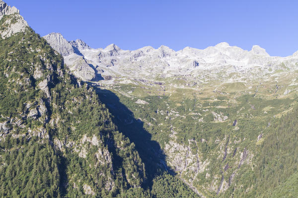 Aerial view of peaks and woods of Val Del Ferro Masino Valley Valtellina Sondrio Province Lombardy Italy Europe