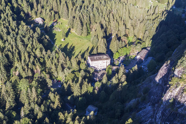 Aerial view of woods and thermal spa of Valle Dei Bagni Masino Valley Valtellina Sondrio Province Lombardy Italy Europe