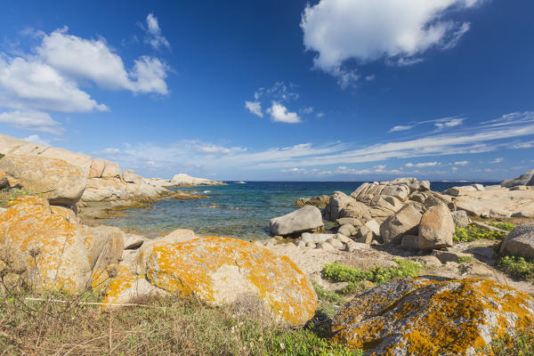 The unusual shapes of cliffs frame the blue sea Capo Testa Santa Teresa di Gallura Province of Sassari Sardinia Italy Europe