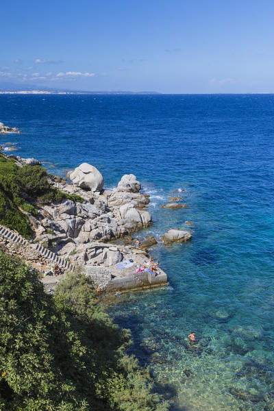 Top view of the crystal turquoise sea and cliffs Capo Testa Santa Teresa di Gallura Province of Sassari Sardinia Italy Europe