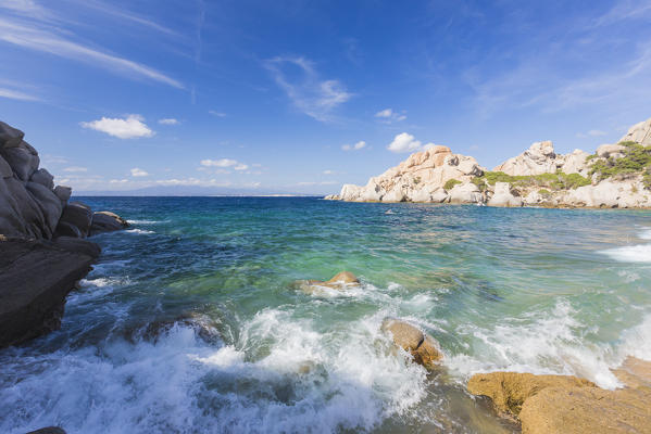 The unusual shapes of cliffs frame the turquoise sea Capo Testa Santa Teresa di Gallura Sassari Province Sardinia Italy Europe