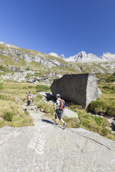 Hikers proceed under the blue summer sky Porcellizzo Valley Masino Valley Valtellina Sondrio Province Lombardy Italy Europe