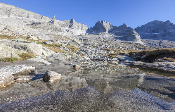 Panoramic of Peak Badile and Peak Cengalo Porcellizzo Valley Masino Valley Valtellina Sondrio Province Lombardy Italy Europe