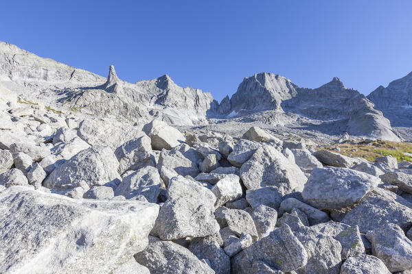 Blue summer sky on peak Badile and Porcellizzo Valley Masino Valley Valtellina Sondrio Province Lombardy Italy Europe