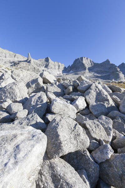 Blue summer sky on peak Badile and Porcellizzo Valley Masino Valley Valtellina Sondrio Province Lombardy Italy Europe