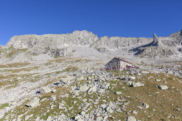 Rocky peaks frame Rifugio Gianetti Porcellizzo Valley Masino Valley Valtellina Sondrio Province Lombardy Italy Europe