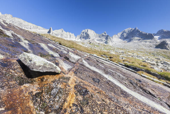 View of the rocky Peaks Badile and Cengalo Porcellizzo Valley Masino Valley Valtellina Sondrio Province Lombardy Italy Europe