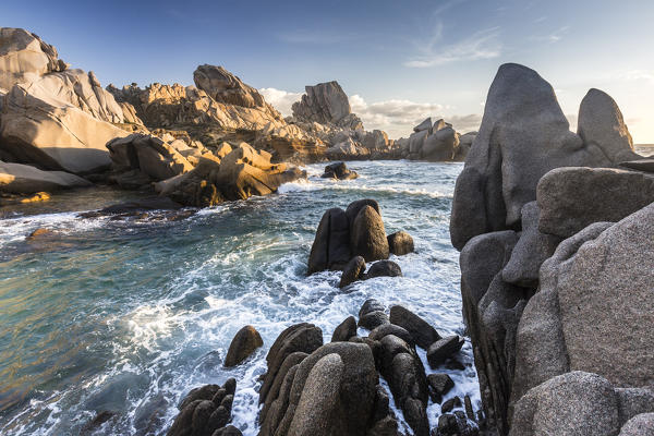The unusual shapes of cliffs frame the blue sea Capo Testa Santa Teresa di Gallura Province of Sassari Sardinia Italy Europe