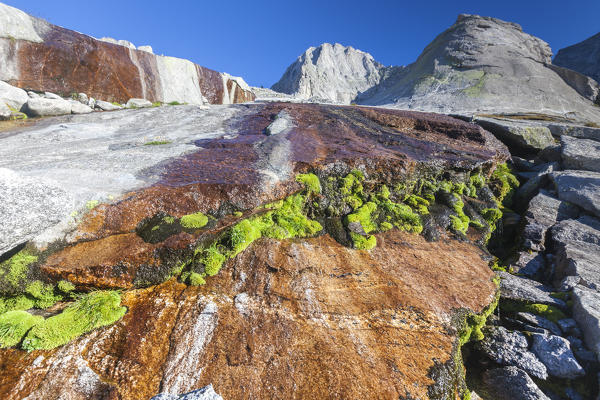 Blue sky on the rock faces and high peaks Porcellizzo Valley Masino Valley Valtellina Province of Sondrio Lombardy Italy Europe