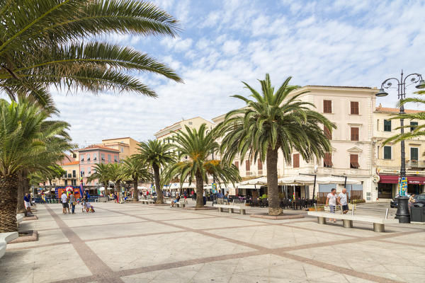 The promenade framed by palm trees Caprera 
La Maddalena Island Sardinia Italy Europe