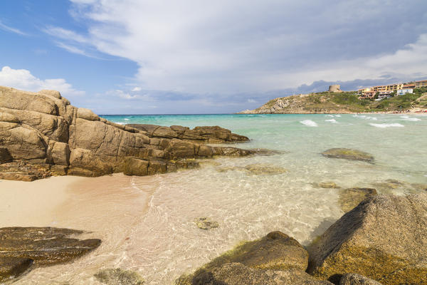 The turquoise sea frames the village surrounded by sandy beach Santa Teresa di Gallura Province of Sassari Sardinia Italy Europe