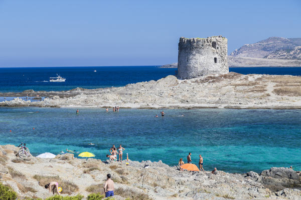 Turquoise sea and old tower surround La Pelosa Beach Stintino Asinara National Park Province of Sassari Sardinia Italy Europe