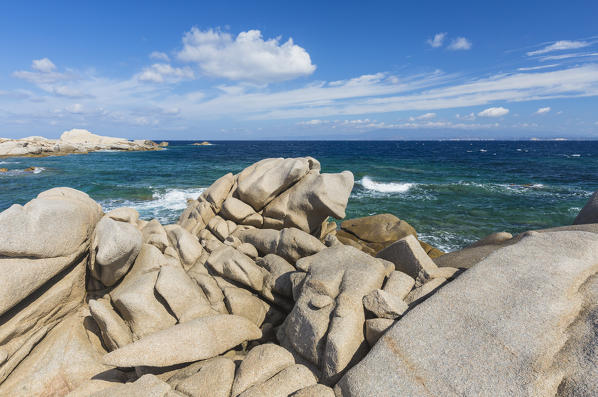 The unusual shapes of cliffs frame the blue sea Capo Testa Santa Teresa di Gallura Province of Sassari Sardinia Italy Europe