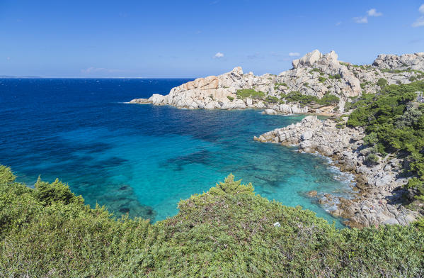 Green plants frame the turquoise sea and cliffs Capo Testa Santa Teresa di Gallura Province of Sassari Sardinia Italy Europe
