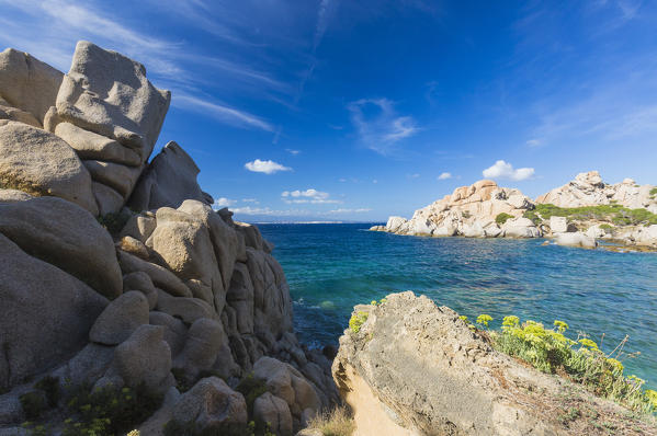 The unusual shapes of cliffs frame the turquoise sea Capo Testa Santa Teresa di Gallura Sassari Province Sardinia Italy Europe
