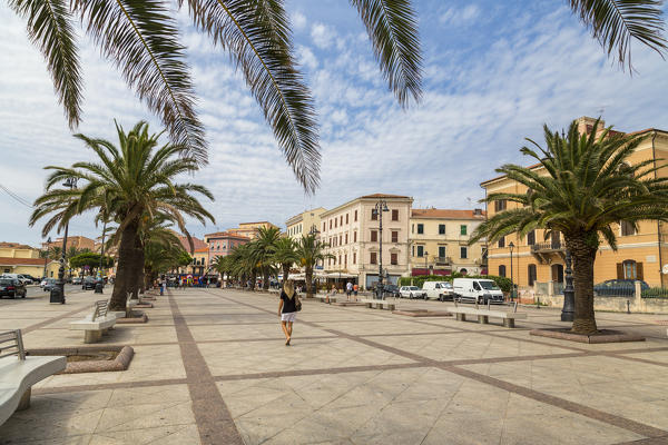 The promenade framed by palm trees Caprera 
La Maddalena Island Sardinia Italy Europe