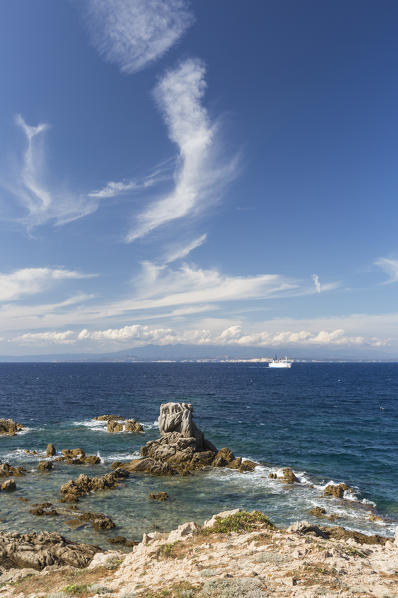 Blu sky on white cliffs framed by the turquoise sea Santa Teresa di Gallura Province of Sassari Sardinia Italy Europe