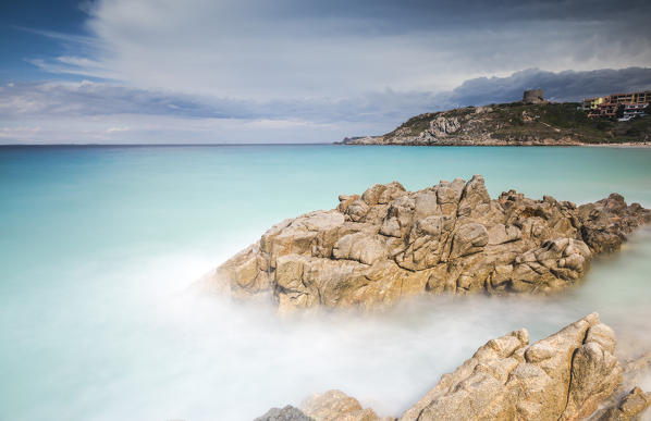 Storm clouds frame the village overlooking the turquoise sea Santa Teresa di Gallura Province of Sassari Sardinia Italy Europe