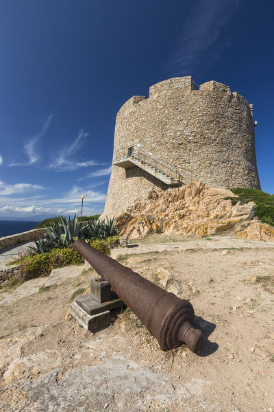 View of Longosardo Tower and the old cannon surrounded by sea Santa Teresa di Gallura Province of Sassari Sardinia Italy Europe