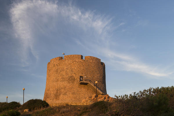 View of the medieval Longosardo Tower at sunset Santa Teresa di Gallura Province of Sassari Sardinia Italy Europe