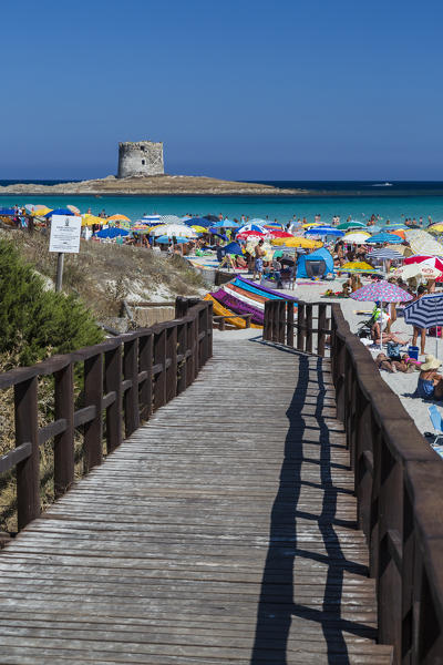 The wooden bridge leads to the turquoise sea Stintino Asinara National Park Province of Sassari Sardinia Italy Europe