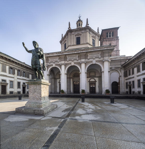 The Constantine statue frames the Basilica of San Lorenzo Maggiore Corso di Porta Ticinese Milan Lombardy Italy Europe