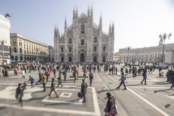 View of the square and the gothic Duomo the icon of Milan Lombardy Italy Europe