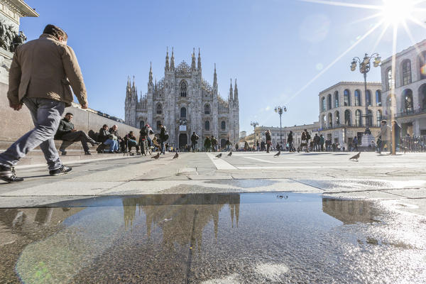 View of the square and the gothic Duomo the icon of Milan Lombardy Italy Europe