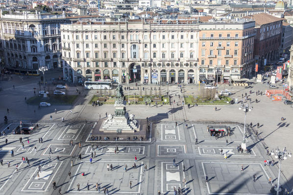 View of architecture and historical buildings of Piazza Duomo from a high mirador Milan Lombardy Italy Europe