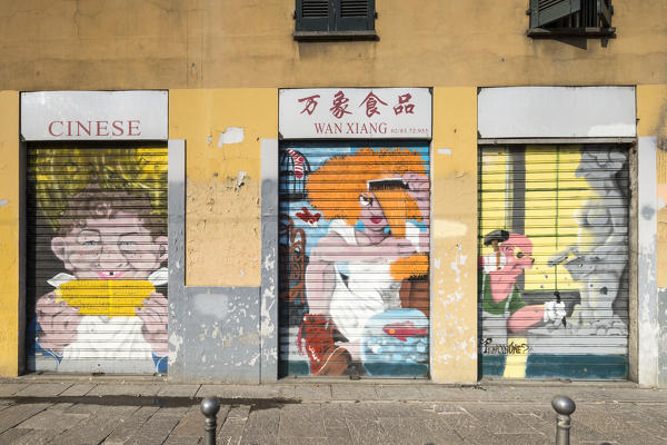 The painted walls of a chinese shop in the area of Navigli Milan Lombardy Italy Europe