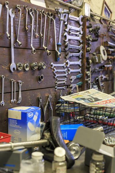 Mechanical tools in the Rossignoli bike shop an icon of Milan Lombardy Italy Europe