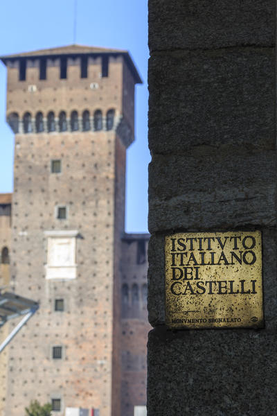 View of one of the old towers of the ancient Sforza Castle Milan Lombardy Italy Europe
