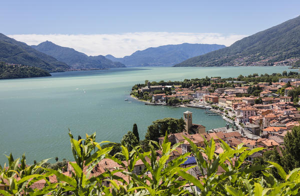 View of the typical village of Gravedona surrounded by Lake Como and gardens Province of Como Lombardy Italy Europe